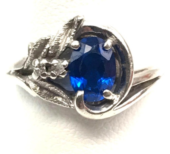 14k White Gold Deep Blue Spinel and Diamond Ring