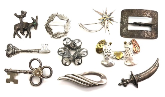 Lot of 10: Sterling Silver Brooches - Laton, Carl-Art, Beau, J. Laine + others