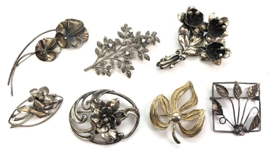 Lot of 7: Vintage Sterling Silver Floral Brooches - Carl-Art, Napier + others