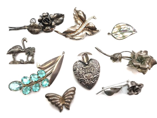 Lot of 9: Vintage Sterling Silver Brooches - Wells, Taxco, Danecraft + others
