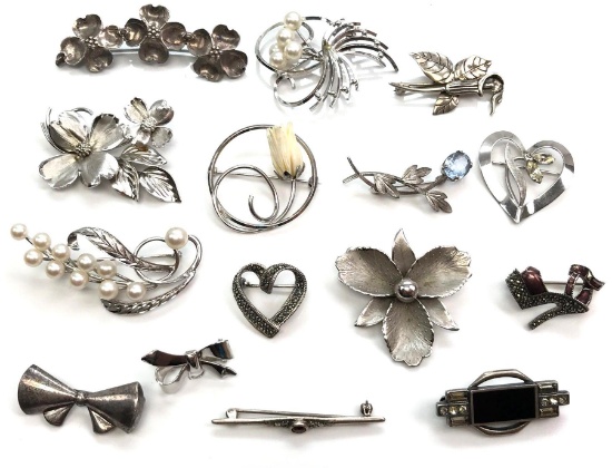 Lot of 14: Sterling Silver Brooches - Marcasite, Florals, and Pearls