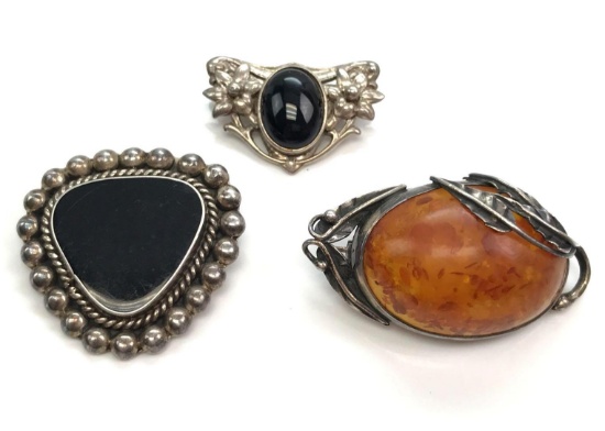Lot of 3: Sterling Silver Amber and Onyx Brooches
