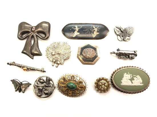 Lot of 12: Sterling Silver Figural Brooches - Wedgwood, Siam + others