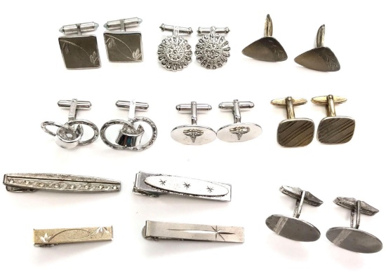 Collection of Vintage Sterling Silver Tie Clips and Cufflinks - Destino, Krementz