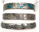 Lot of 3: Vintage Sterling Silver Bracelets - Repousse, Etched, and Inlay