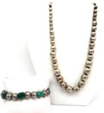 Vintage Faceted Malachite Bracelet and Graduated Sterling Silver Bead Necklace