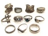 Lot of 11 Sterling Silver Rings: Sizes 6 +7 - Wide Band, Mother's Ring, and More