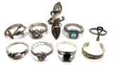 Lot of 9 Sterling Silver Rings: Size 4 - MOP, Ankh, Tourmaline, Dolphins and More