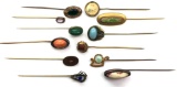 Assortment of 12 Vintage Stick Pins - Colorful Stones and Symbols