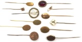 Assortment of 12 Victorian Stick Pins - Initials, Carved Crystal, Rounds and Ovals