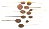 Collection of 12: Antique Stick Pins - Gold Filled Oval and Circle Initials