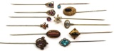 Collection of 12: Antique Stick Pins - Faceted Stones and Cabochons