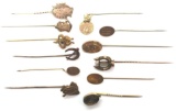 Collection of 12: Antique Victorian Gold Filled Stick Pins - Club Society and Initials