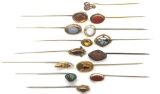 Collection of 14: Antique Gold Tone Stick Pins - Colorful Stones, Ovals and Rounds