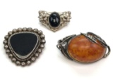 Lot of 3: Sterling Silver Amber and Onyx Brooches