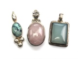 Lot of 3: Sterling Silver Pendants : Pink Quartz, Agate, and Nephrite