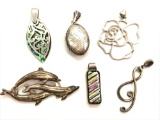 Collection of 6: Sterling Silver Pendants - Dolphins, Iridescent Abalone, Rose + more