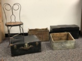 Group of 5 Antique Wooden Crates Trunk Chair Trunk