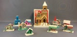 Group of 11 Vintage Cardboard Putz Houses and Church