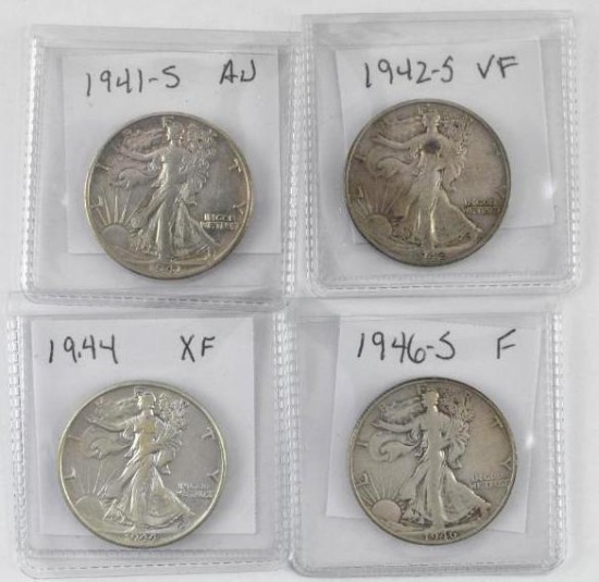 Group of (4) Walking Liberty Silver Half Dollars.