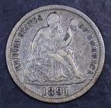 1891 P Seated Liberty Silver Dime.