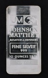 Johnson Matthey 10oz. .999 Fine Silver Ingot / Bar.