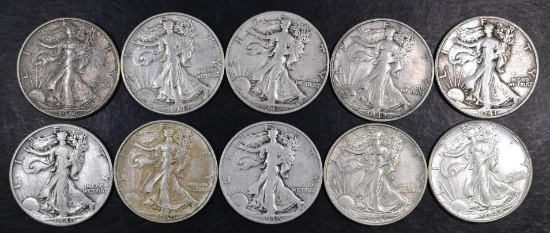 Group of (10) Walking Liberty Silver Half Dollars.