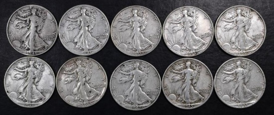Group of (10) Walking Liberty Silver Half Dollars.