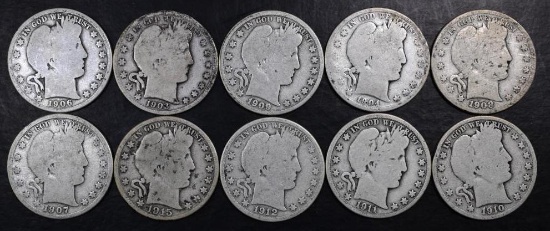 Group of (10) Barber Silver Half Dollars.