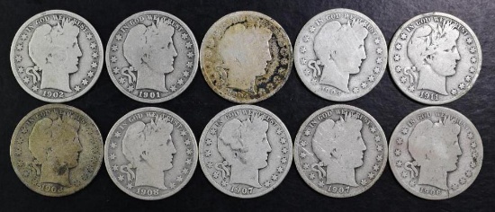 Group of (10) Barber Silver Half Dollars.