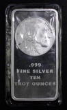 Buffalo Design 10oz. .999 Fine Silver Ingot / Bar.