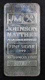 Johnson Matthey 10oz. .999 Fine Silver Ingot / Bar.