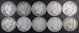 Group of (10) Barber Silver Half Dollars.