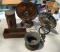 Group of 5 : Antique Heaters, Tin, Wooden Box and Spittoon