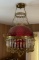 Antique Ornate Hanging Lamp w/Cranberry Shade and Prisms