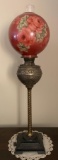 Antique Oil Lamp w/ Artist Signed Glass Globe Shade