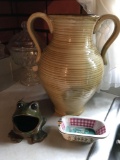 Ceramic Vase, Frog, and Soap Dish