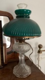 Antique Pressed Glass Electrified Lamp w/ Green Spiral Twist Cased Glass Shade