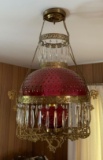 Antique Ornate Hanging Lamp w/Cranberry Shade and Prisms