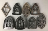 Group of 8 : Antique Cast Iron Sad Iron Trivets - Mrs. Potts Crown, N.R. Streeter and More