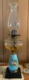 Antique Oil Lamp w/ Blue Glass Floral Design Base