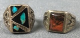 Group of 2 : Sterling Silver Rings - Turquoise/Onyx Inlay and Striped Jasper