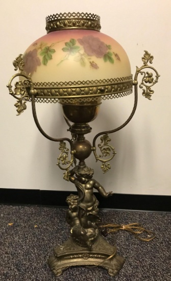 Antique brass table lamp with glass shade