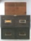 Group of 3 postcard storage boxes-(2) Metal 2-drawer and one wooden box