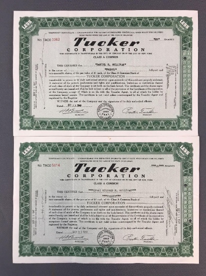 Vintage 1947 Tucker Corporation Stock Certificates
