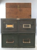 Group of 3 postcard storage boxes-(2) Metal 2-drawer and one wooden box