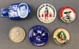 Collection of 6 : Vintage Advertising, Pinbacks + Political Tokens