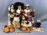 Group of Indigenous Costume Dolls + Beaded Leather Moccasins