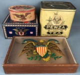 Group of 4 : Vintage / Modern Patriotic Tins and Boxes - Cigars, Tobacco, and Tea