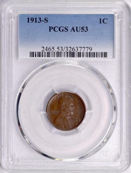 1913 S Lincoln Wheat Cent (PCGS) AU53.